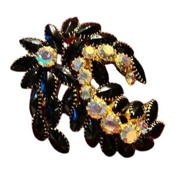 Vintage Leaf Design Brooch With Black Iridescent Rhinestones - Picture 1 of 5